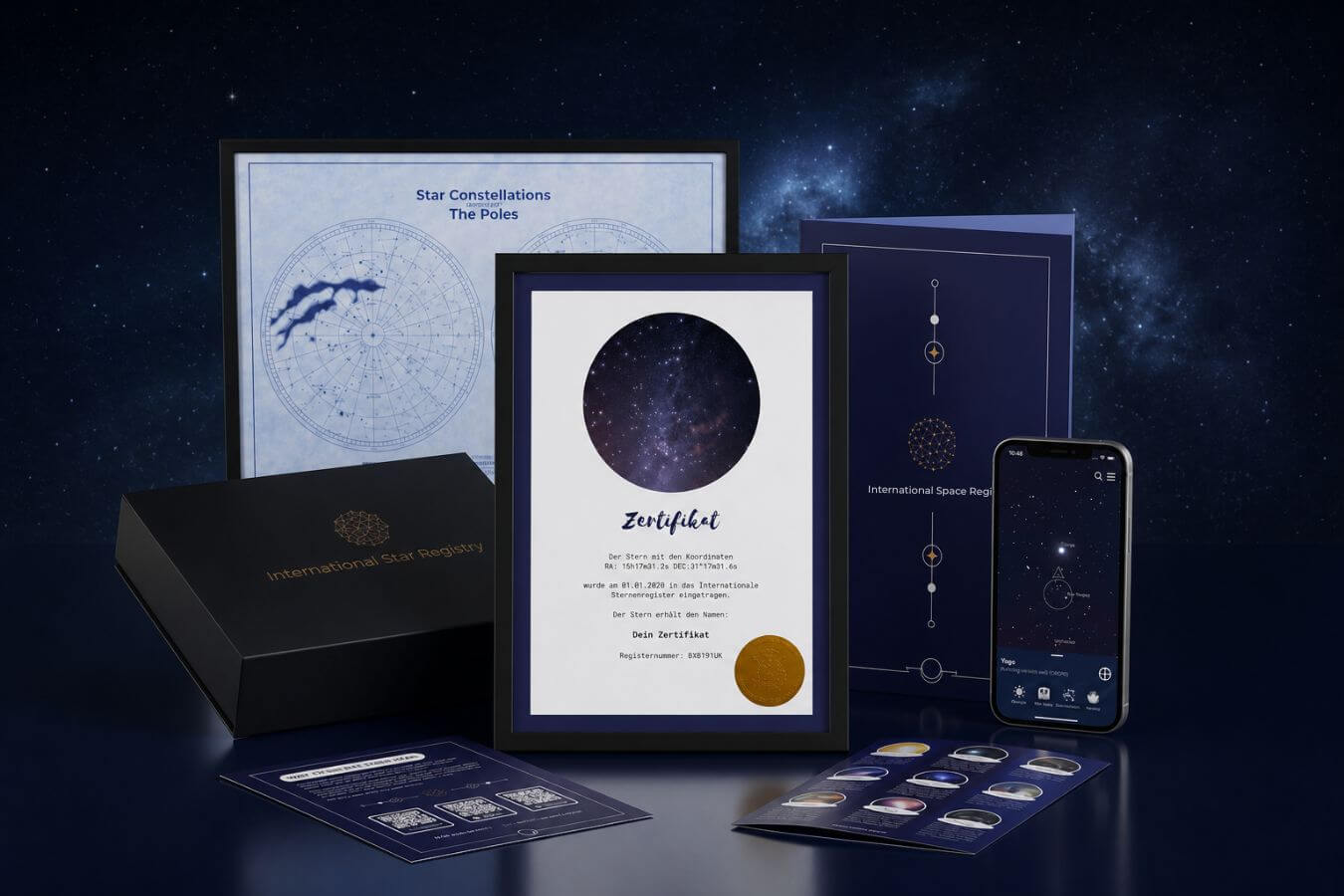 Galaxieregister Zertifikat und Sternkarte als transparente Unterlagen zur Sterntaufe