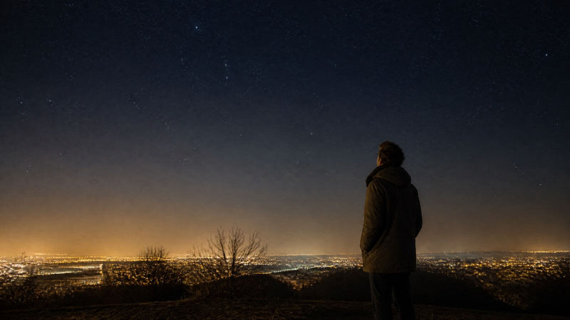 Person beobachtet unterschiedlich helle Sterne über dem Lichtschein einer Stadt