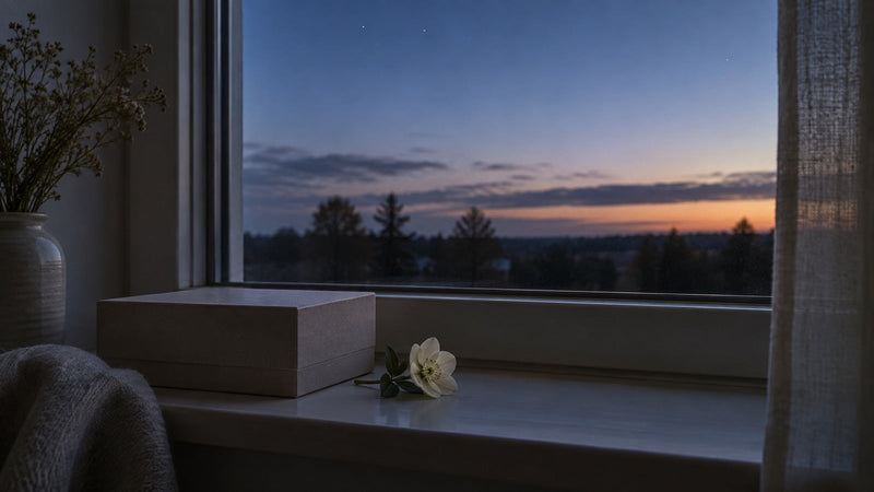 Schlichte Erinnerungsbox und weiße Blüte vor einem ruhigen Sternenhimmel