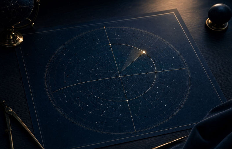 Blaue Sternkarte mit Sternkoordinaten auf dunklem Schreibtisch