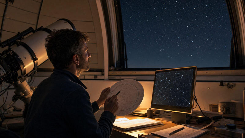 Person gleicht einen Stern mit einer astronomischen Sternkarte ab