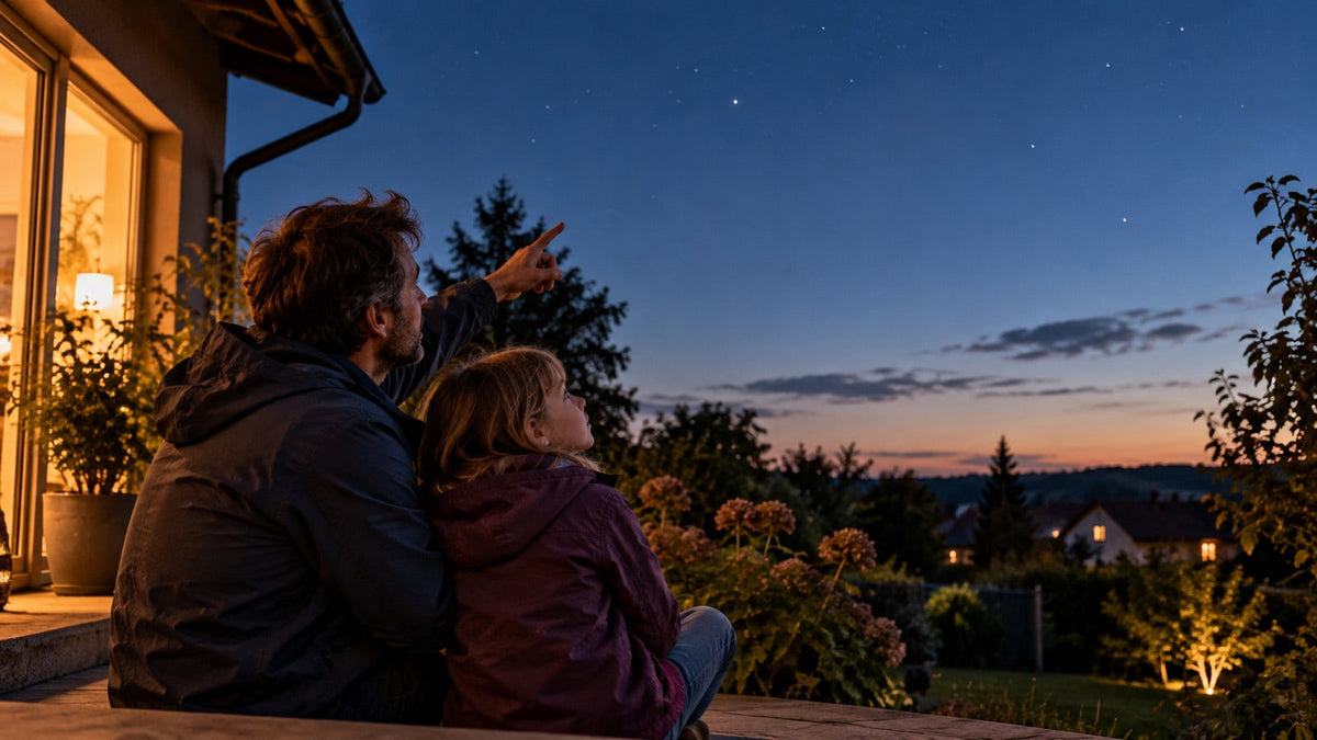 Elternteil und Kind entdecken gemeinsam den Abendhimmel im Garten