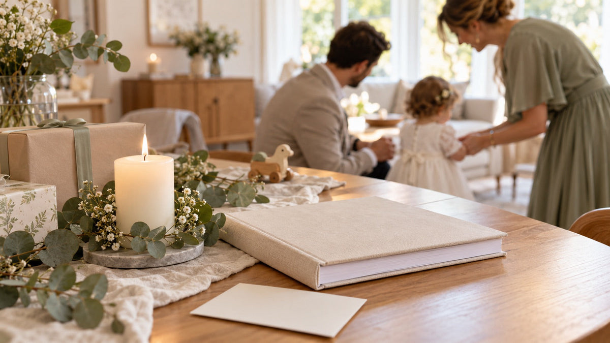 Familie an einem festlich gedeckten Tisch mit persönlichen Taufgeschenken
