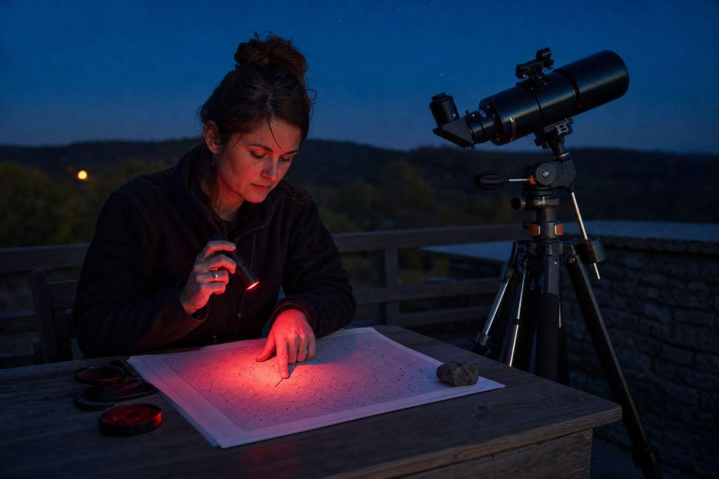 Astronomische Beobachtung mit Teleskop und Sternkarte