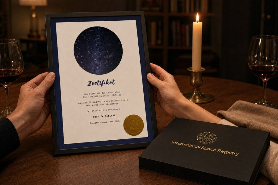 Galaxieregister Zertifikat und geschlossene Geschenkbox als bleibendes Hochzeitssymbol