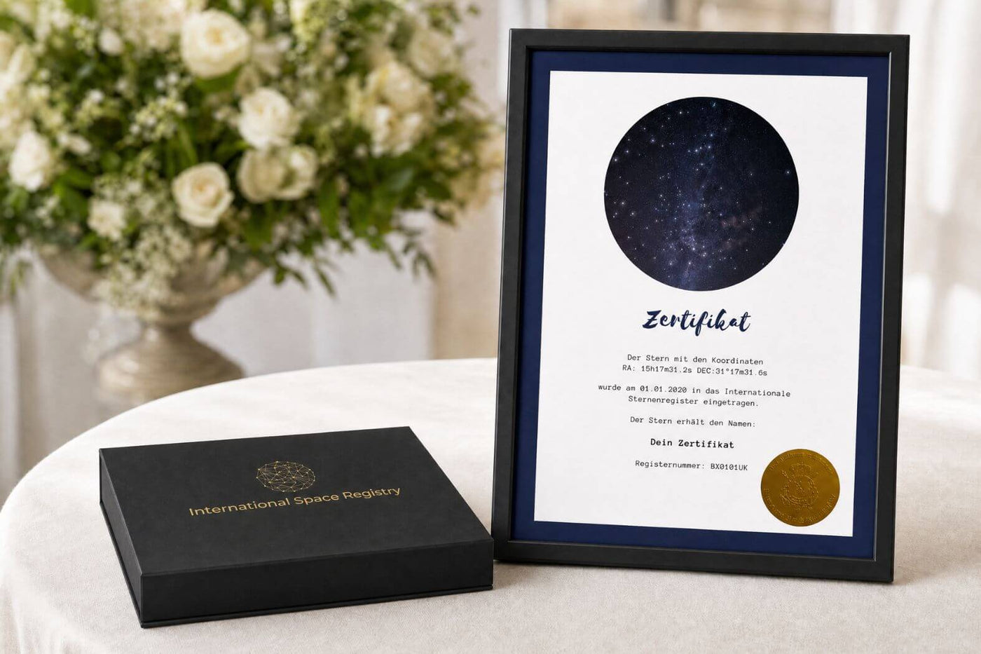 Geschlossene Galaxieregister Geschenkbox neben gerahmtem Sterntaufe-Zertifikat zur Hochzeit