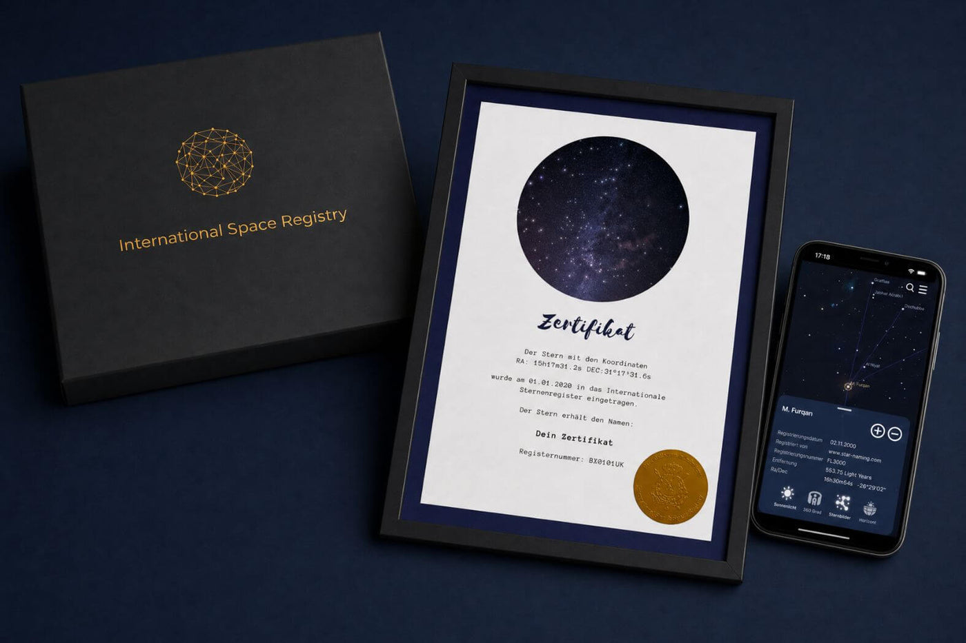 Galaxieregister Geschenkset mit Urkunde, Registerdaten und Universe Star Finder App