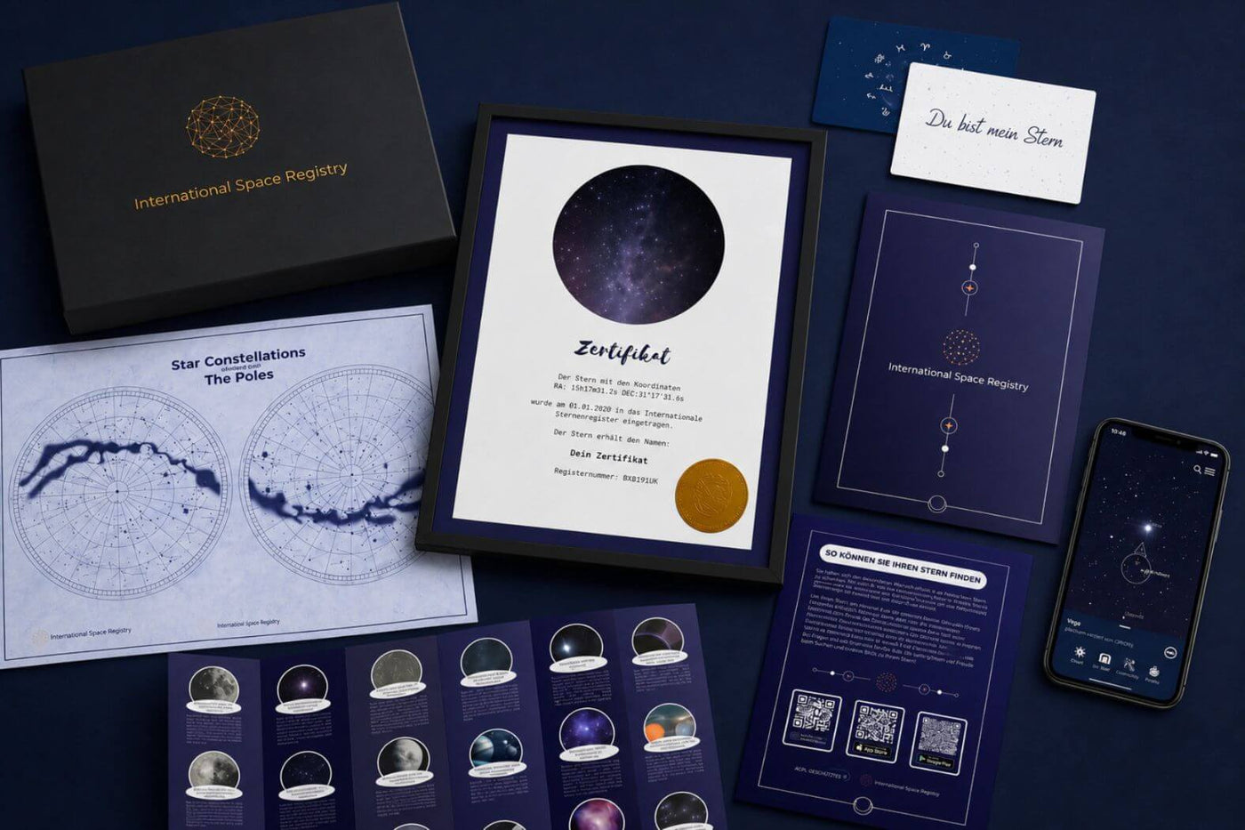 Galaxieregister Sterntaufe mit Urkunde, Sternhimmelposter und Universe Star Finder App