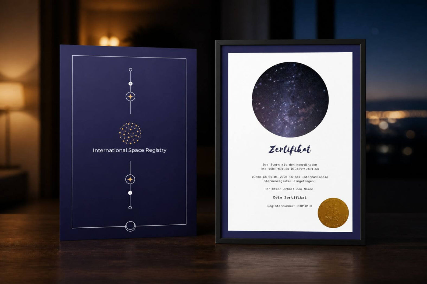 Galaxieregister Sterntaufe-Zertifikat mit geschlossener Präsentationsmappe