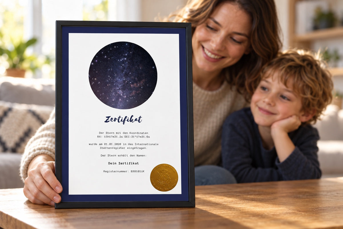 Gerahmtes nachtblaues Galaxieregister Sternzertifikat vor einem Elternteil und Kind