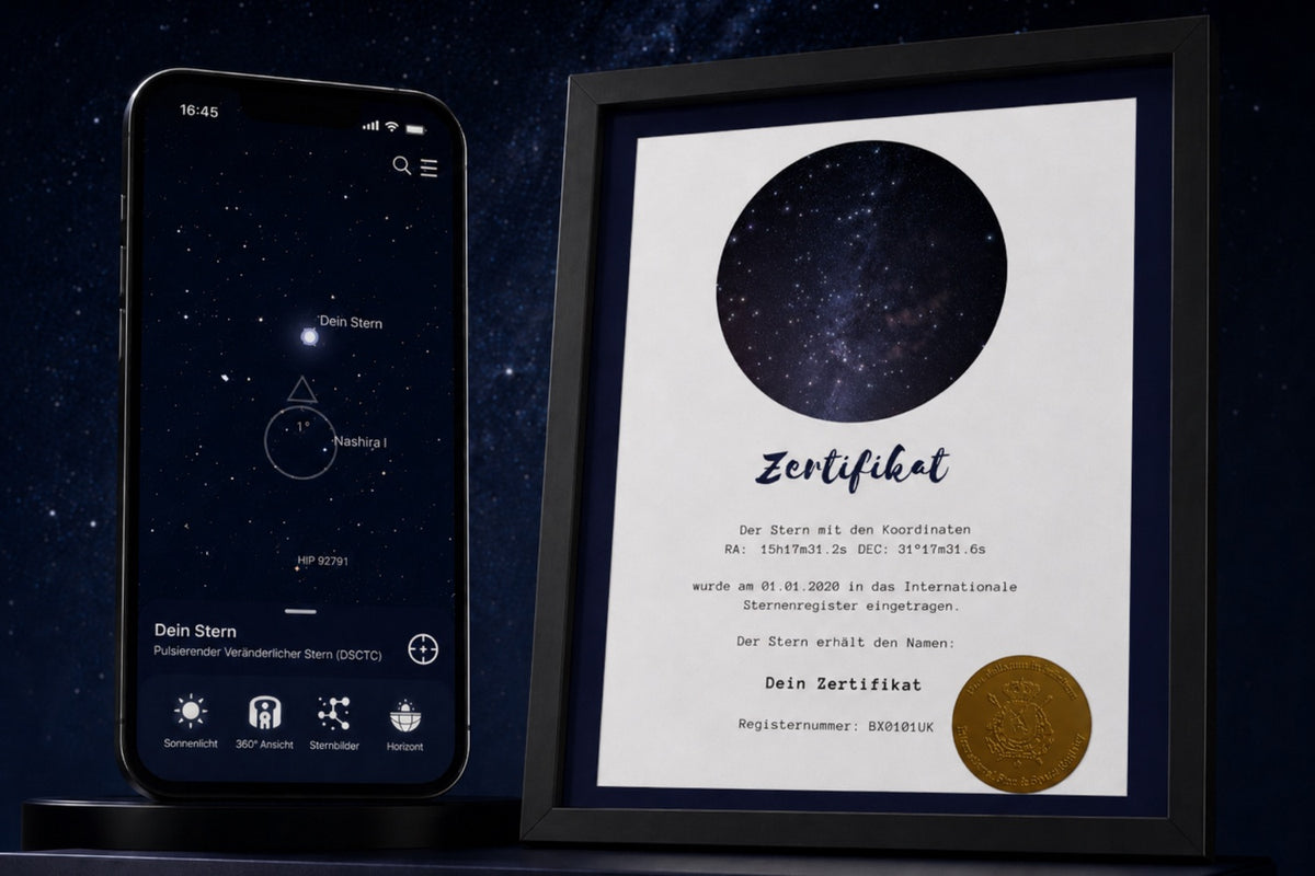 Galaxieregister Sternzertifikat neben dem Registereintrag in der Universe Star Finder App