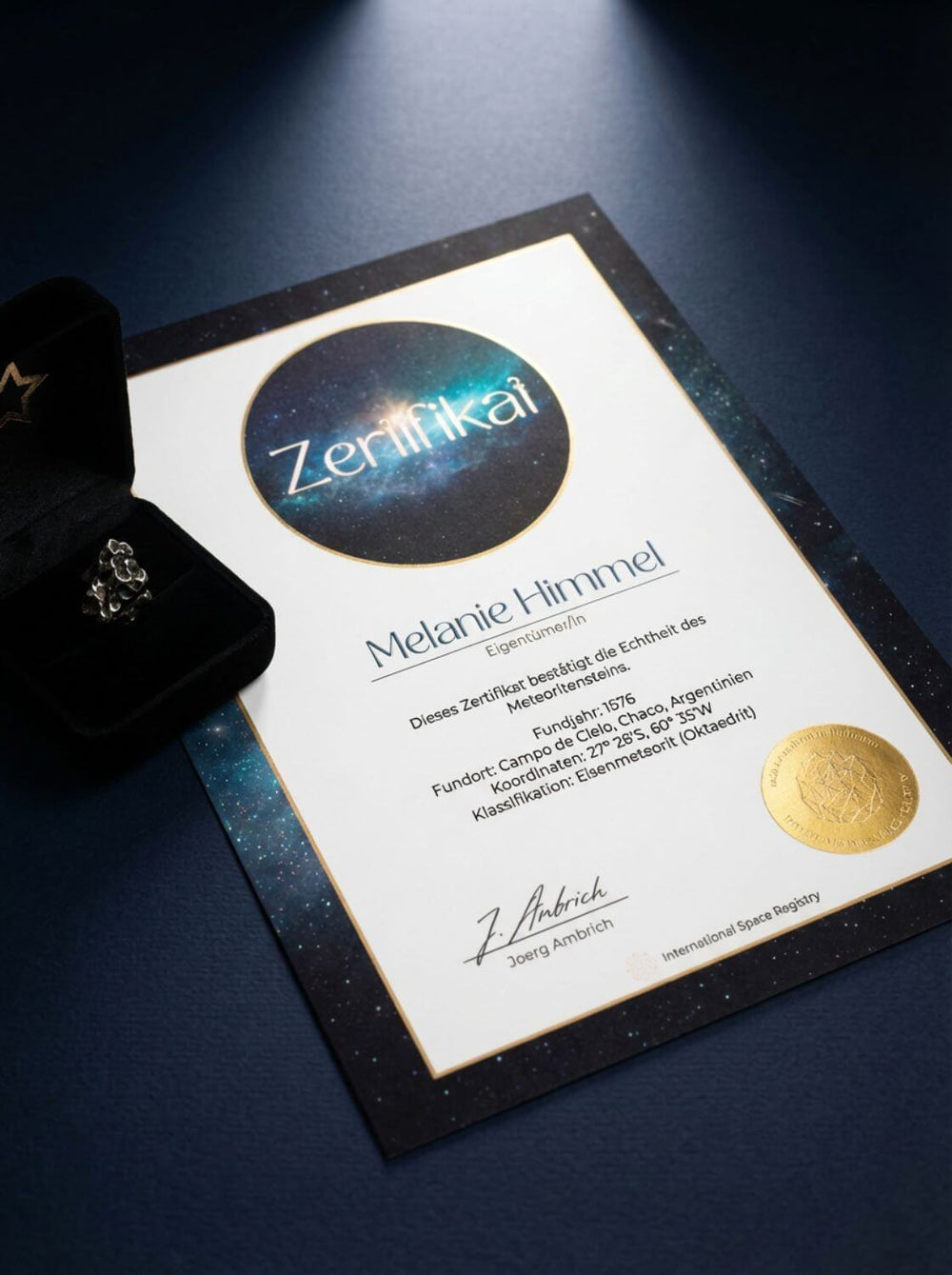 Personalisiertes Echtheitszertifikat mit dem Namen des Beschenkten