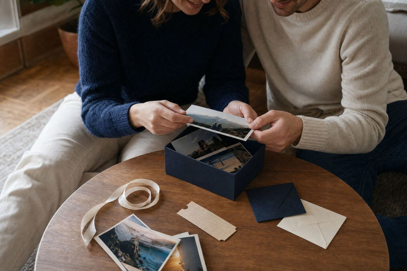Paar ordnet Fotos und Erinnerungsstücke für ein persönliches Jahrestagsgeschenk