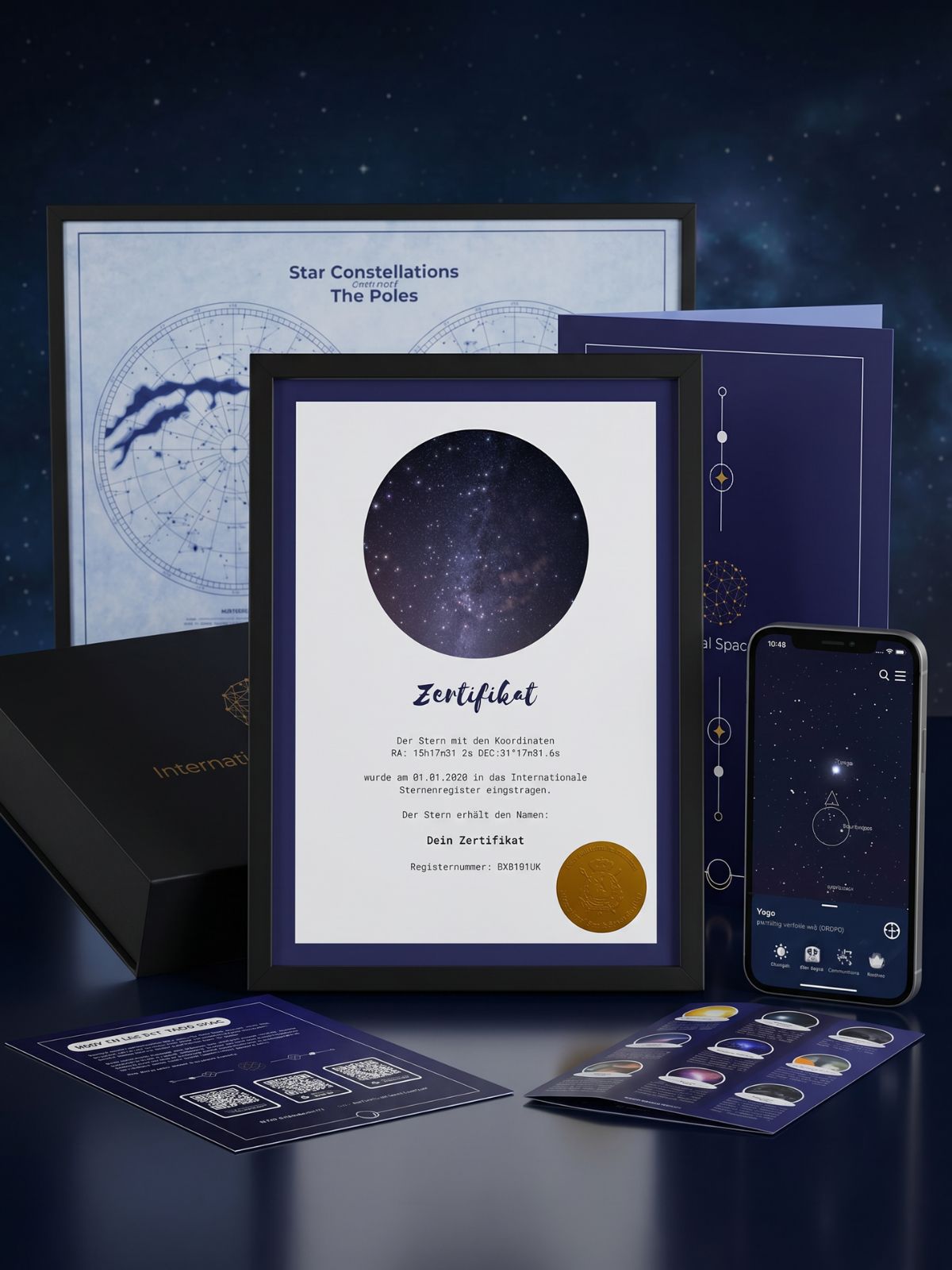 Galaxieregister Sterntaufe Hero-Komposition: Zertifikat mit Sternkreis und Siegel, Star-Constellations-Poster, International Space Registry Box, Willkommensbrief und Universe Star Finder App auf iPhone vor kosmischem Nachthimmel