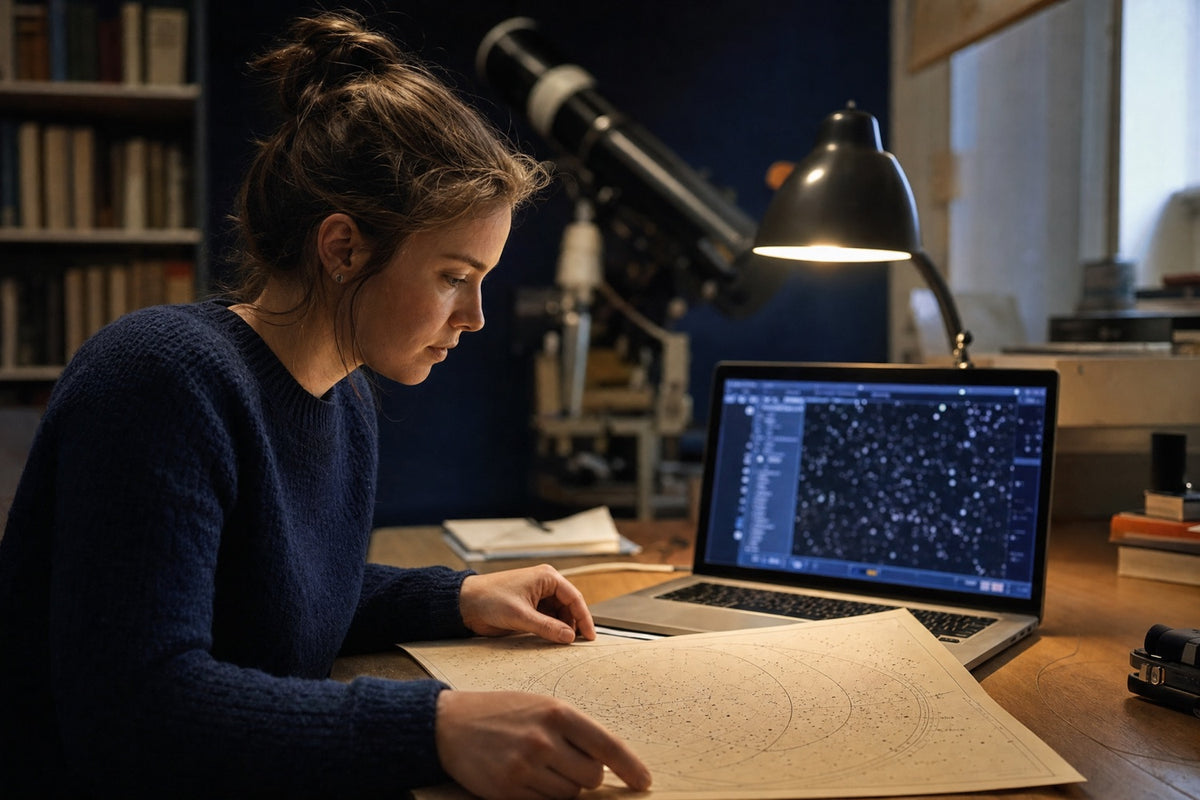 Astronomin prüft Sternkarte und Katalogdaten eines Sterns